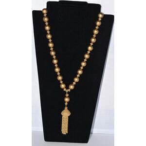 Crown Trifari 1950's Gold Faux Pearl Beaded Tassel Couture Statement Necklace
